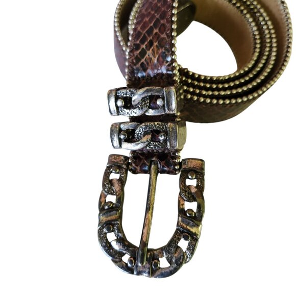 Streets Ahead Snake Embossed Leather Belt Metallic Chain Detail Ornate Buckle Md - Picture 6 of 10
